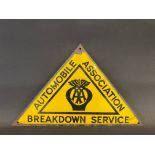 An AA Breakdown Service triangular enamel sign, in good condition, 12 x 7 1/2".