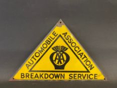 An AA Breakdown Service triangular enamel sign, in good condition, 12 x 7 1/2".