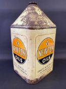 A Newton Oils square five gallon pyramid can, each side with a different depot/retailer address.