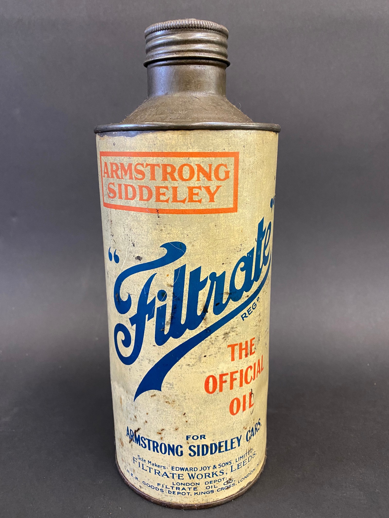 A Filtrate 'Armstrong Siddeley' cylindrical quart oil can.