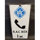 An RAC Box 1 mile rectangular enamel sign, 10 x 20".