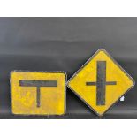 Two cast aluminium Irish road signs, T junction (18 x 15") and Cross Roads (23 x 23").