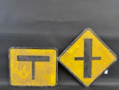 Two cast aluminium Irish road signs, T junction (18 x 15") and Cross Roads (23 x 23").