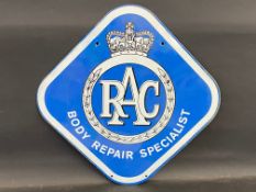 An RAC 'Body Repair Specialist' lozenge shaped double sided enamel sign, with small repairs to one