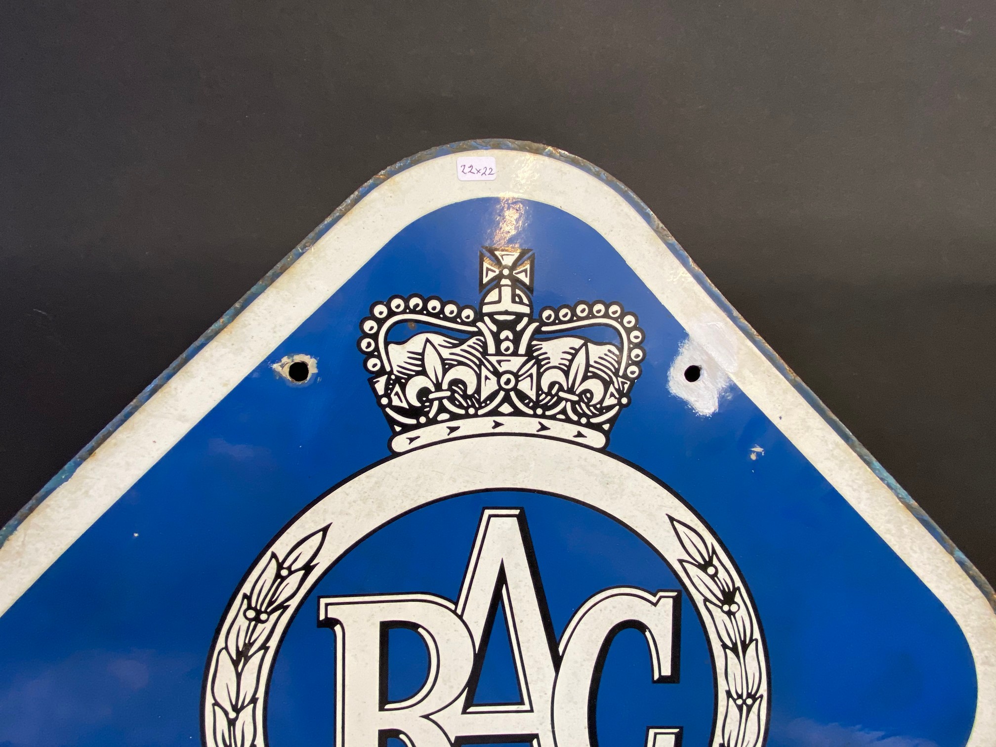An RAC 'Body Repair Specialist' lozenge shaped double sided enamel sign, with small repairs to one - Image 5 of 5
