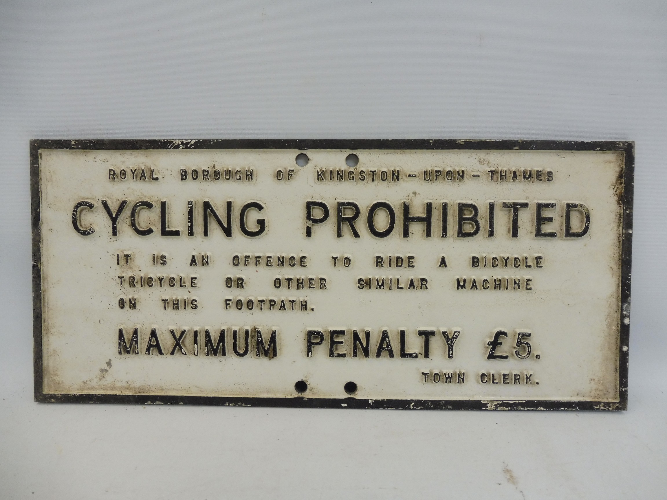 A Royal Borough of Kingston upon Thames Cycling Prohibited aluminium street sign, 18 1/2 x 8 1/2".