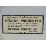 A Royal Borough of Kingston upon Thames Cycling Prohibited aluminium street sign, 18 1/2 x 8 1/2".