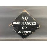 A rare and unusual black and white lozenge shaped enamel sign bearing the words 'No Ambulances or