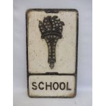 A rarely seen aluminium road sign by Gowshall Limited - School, with torch emblem and reflective