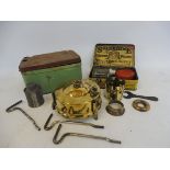 A Burmos polished brass No. 21 paraffin pressure stove outfit and a soldering outfit in original