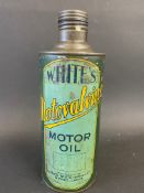 A rare White's Motovalvine Motor Oil cylindrical quart can.