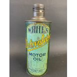 A rare White's Motovalvine Motor Oil cylindrical quart can.