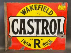 A Wakefield Castrol From 'R' Bulk rectangular double sided enamel sign with hanging flange by Burton