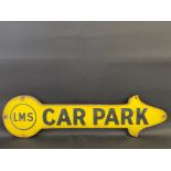 An unusual LMS Car park enamel arrow sign, mounted on original timber backing, 42 x 11".