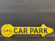 An unusual LMS Car park enamel arrow sign, mounted on original timber backing, 42 x 11".