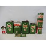 A collection of Castrol oil cans, three quart versions, plus three Castrol grease tins.