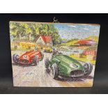 A wooden interlocking jigsaw puzzle depicting a 1950s motor race.