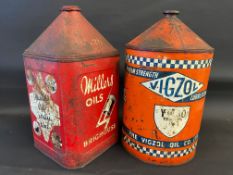 A Vigzol five gallon oil drum, plus a Miller Oils five gallon drum.