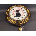 A rare Sternol wall clock bearing the words 'Sternol Brings You Good Luck', restored.