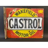 A Wakefield Castrol Motor Oil double sided enamel sign with hanging flange, 20 x 16".