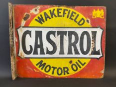 A Wakefield Castrol Motor Oil double sided enamel sign with hanging flange, 20 x 16".