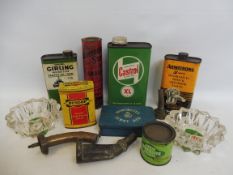 A selection of assorted oil cans including Castrol, also Carbide of Calcium and brass petrol can