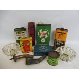 A selection of assorted oil cans including Castrol, also Carbide of Calcium and brass petrol can