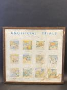 A framed and glazed Pratts pictorial advertisement titled 'Unofficial Trials', 22 x 21".