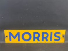 A rectangular enamel sign bearing the brand Morris, believed to be a crane company, 22 x 5".