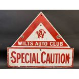 A rare Wilts Auto Club 'Special Caution' enamel sign, mounted on the original iron bracket, some