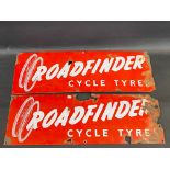 A pair of Roadfinder Cycle Tyres enamel signs, each 24 x 8".