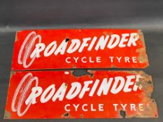 A pair of Roadfinder Cycle Tyres enamel signs, each 24 x 8".