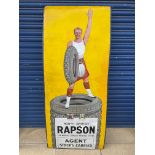 A rare Rapson North British Tyres pictorial enamel sign depicting a Scotsman standing on a stack