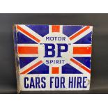 A rare BP Motor Spirit 'Cars For Hire' double sided enamel sign with hanging flange, some