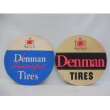 Two Denman Tires circular wheel centre advertising cards, both 16" diameter.