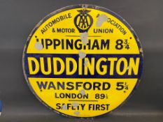 An early and rare AA & Motor Union circular village/location sign for Duddington by Bruton of