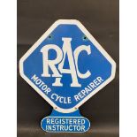 An RAC Motor Cycle Repairer lozenge shaped double sided enamel sign with 'Registered Instructor'