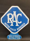 An RAC Motor Cycle Repairer lozenge shaped double sided enamel sign with 'Registered Instructor'