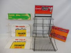 A Lucas Bulbs wall hanging rack, another for Comma Abrasive Papers plus two Texaco Havoline tin