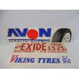 An Avon Tyres plastic sign, 48 x 12", a smaller Viking Tyres plastic sign and a third advertising