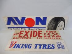 An Avon Tyres plastic sign, 48 x 12", a smaller Viking Tyres plastic sign and a third advertising