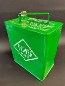 A Power Petrol two gallon petrol can with plain brass cap.