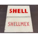 A Shell glass petrol pump brand insert plus a second for Shellmex, both 8 1/2 x 5".