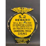 A small AA and Motor Union £2 Reward enamel sign with some re-touching, 8 x 10".