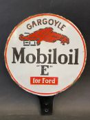 A Gargoyle Mobiloil 'E' for Ford circular double sided enamel bulk tank tag with some restoration at