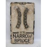 An aluminum road sign - Narrow Bridge with raised glass reflectors, 12 x 21".