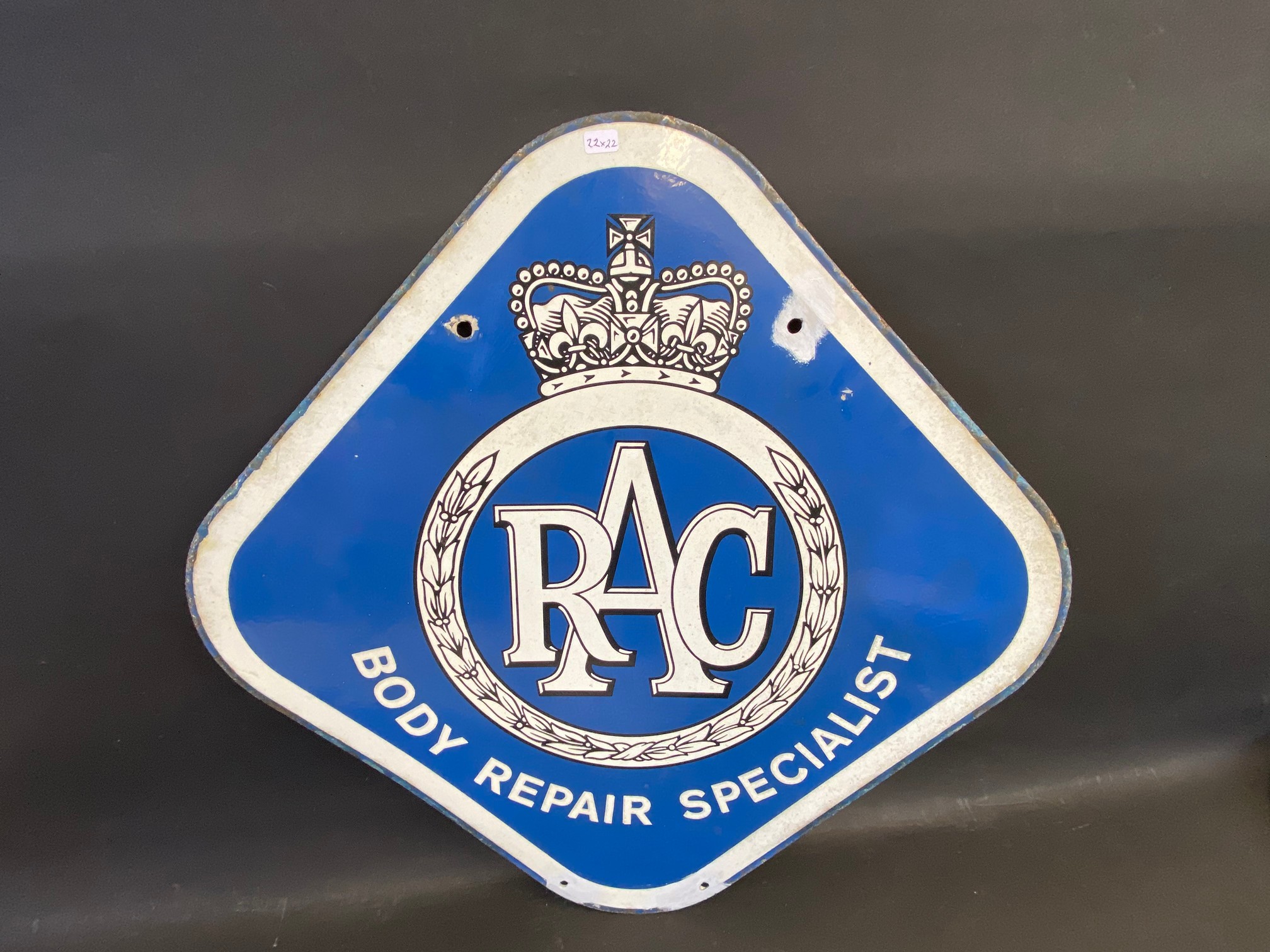 An RAC 'Body Repair Specialist' lozenge shaped double sided enamel sign, with small repairs to one - Image 3 of 5