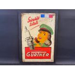 A French tinplate pictorial advertising sign for Gurtner spark plugs, 15 x 21 1/2".