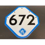An RAC enamel box number sign '672' in very near mint condition, 7 1/2 x 7 1/2".