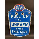 An unusual RAC double sided enamel sign bearing the words 'Fill Up on UNEVEN... Dates This Side', by
